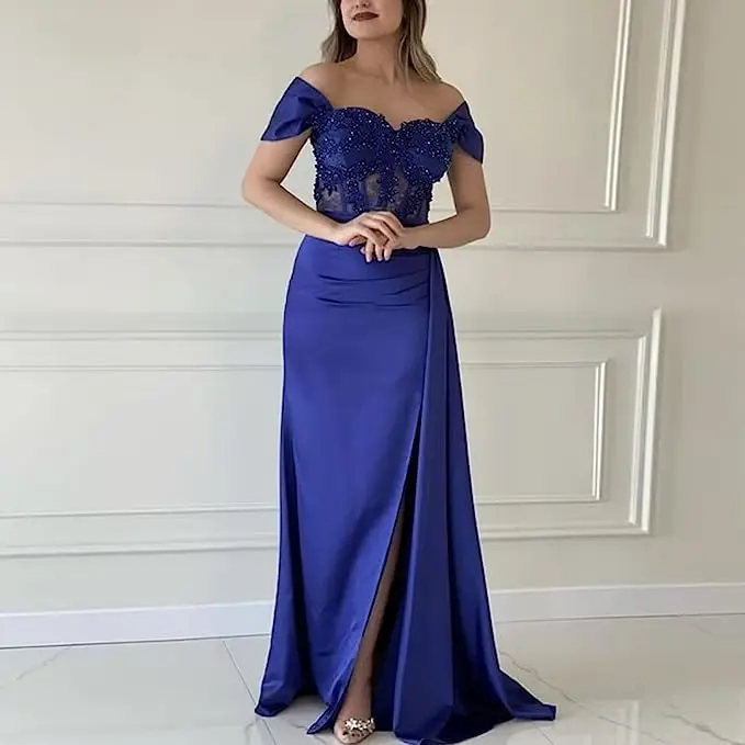 A-line Cold Shoulder Gown Satin Dress For Banquet Party Vacation Prom Cocktail Party Formal Evening Dresses