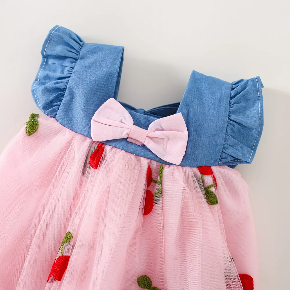 Summer Girls Dress Cute Mesh Cherry Girls Dress Bow Beautiful Baby Girls Summer Dress (0-3 Years Old)