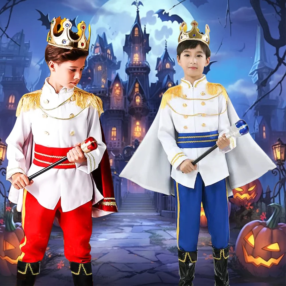 2025Children's The King Prince Cosplay Costume Halloween Carnival Boys 7 Piece Prince Crown Scepter Cloak Royalty Suit Clothing