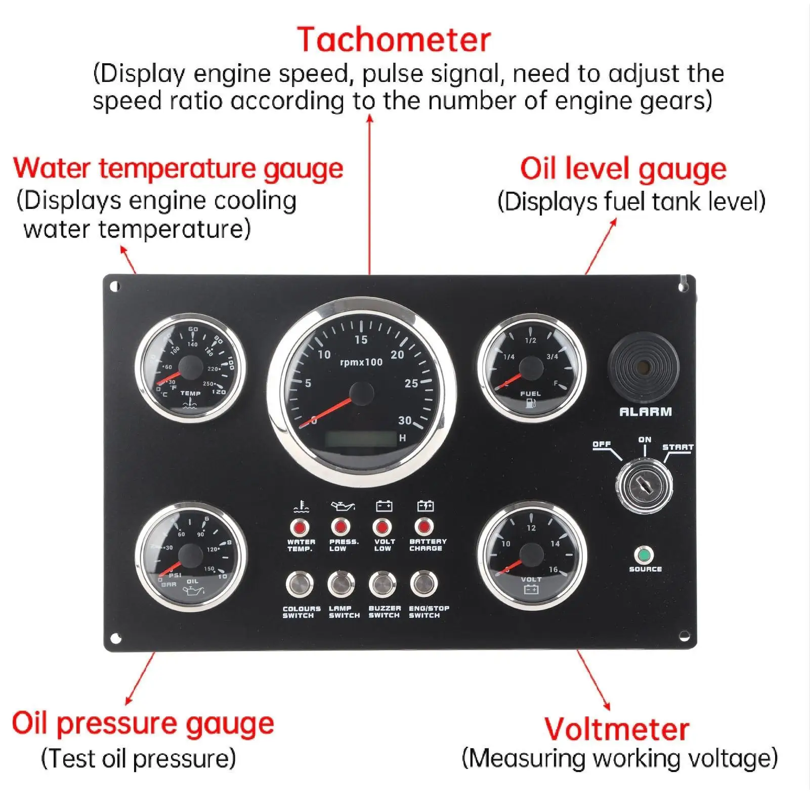 Boat Dash Instrument Panel 5 Gauge Set 0.0 To 99999.9H Boat Gauge Set Instrument Panel Low Consumption Waterproof Voltage