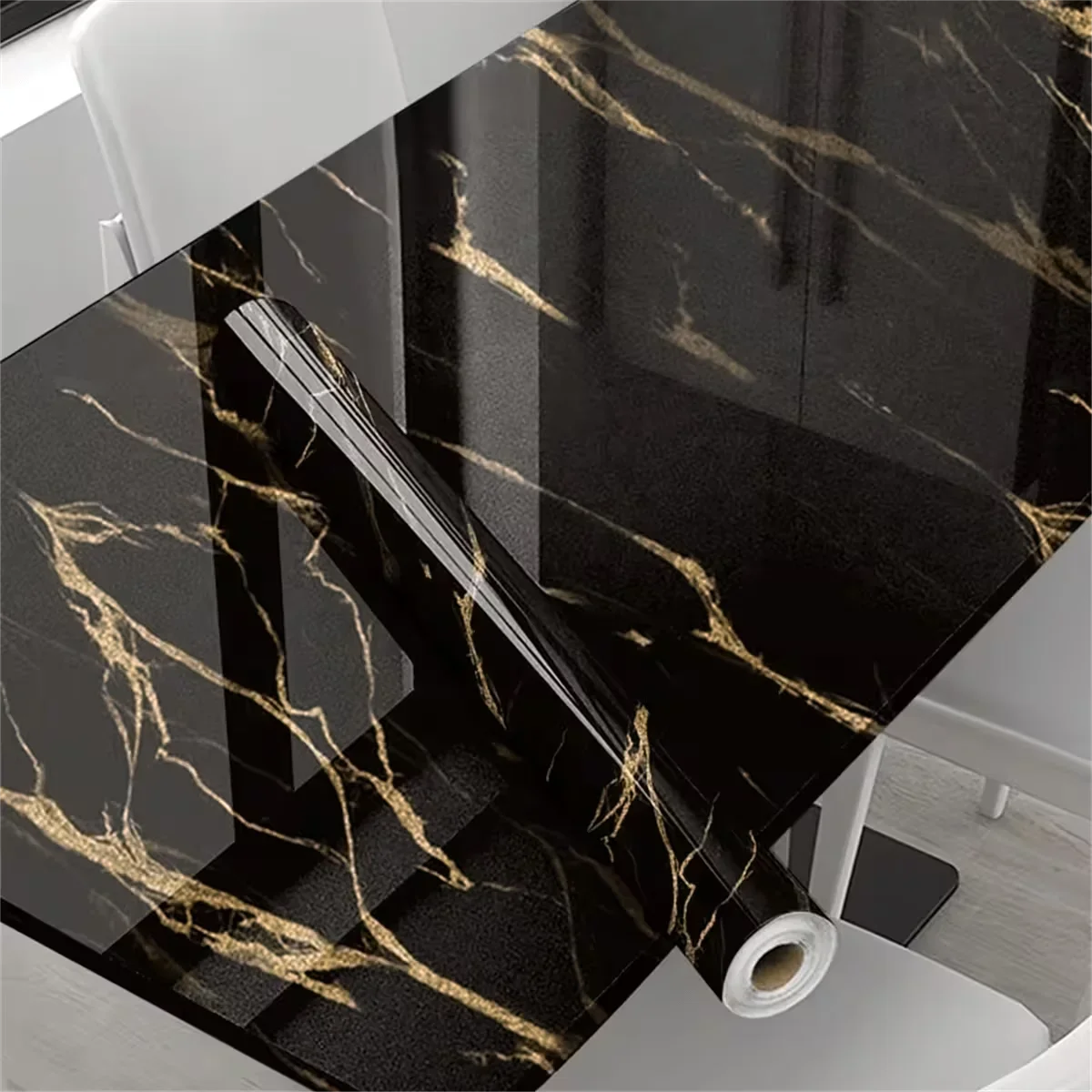 Oil-Resistant Removable Black And Gold Marble-Pattern Vinyl Sticker Suitable For Cabinets Countertops And Home Renovation.