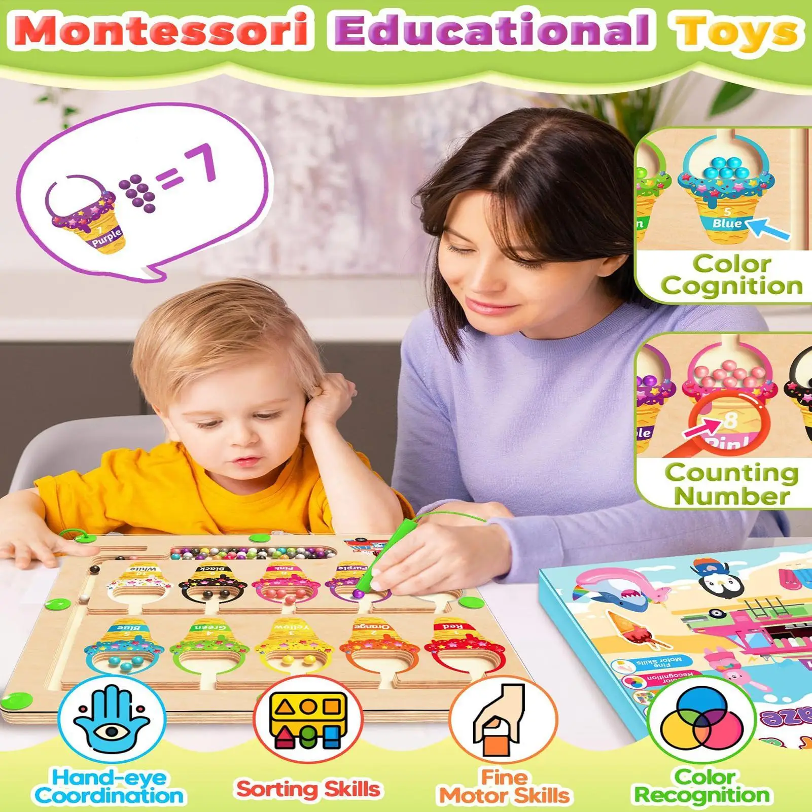 Cor magnética correspondência labirinto brinquedo de madeira ímã bolas quebra-cabeças placa para habilidades motoras finas pré-escolar jardim de infância meninos meninas