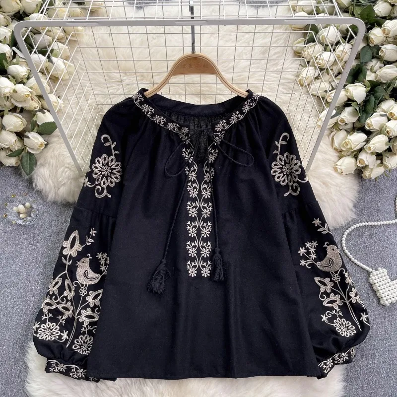 Neploe Vintage Heavy Embroidery Shirts Women Y2k Lace Up O-neck Tassel Blusas Mujer 2024 Spring New Long Sleeve Loose Blouses