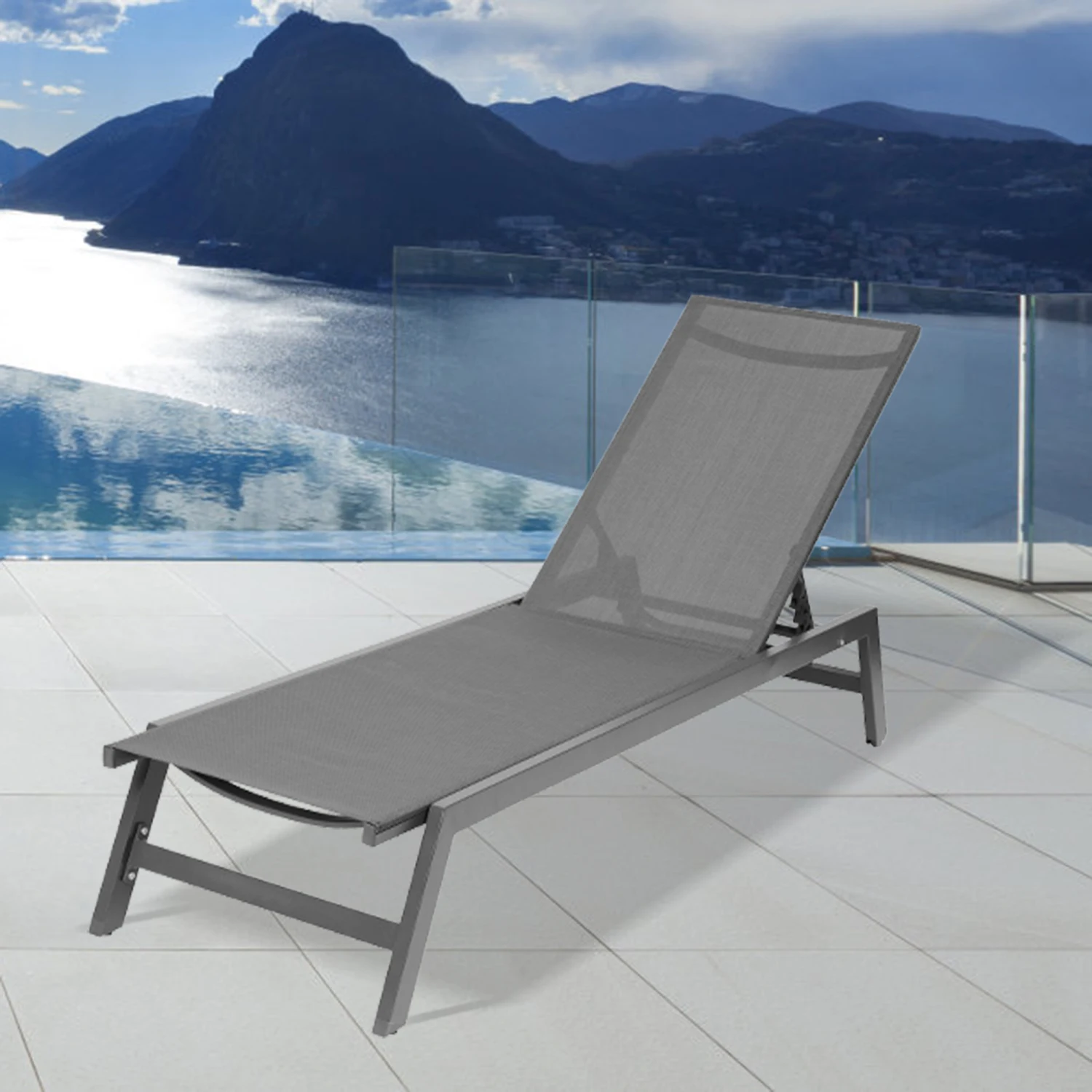 

Outdoor Chaise Lounge Chair,Five-Position Adjustable Aluminum Recliner,All Weather For Patio,Beach,Yard, Pool(Grey Frame/Dark Gr