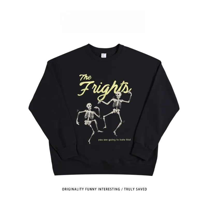 

Retro American Dark Style Hiphop Streetwear Fleece round Neck Sweatshirt Black Basic Top Women's Loose Fit Cotton Polyester B...