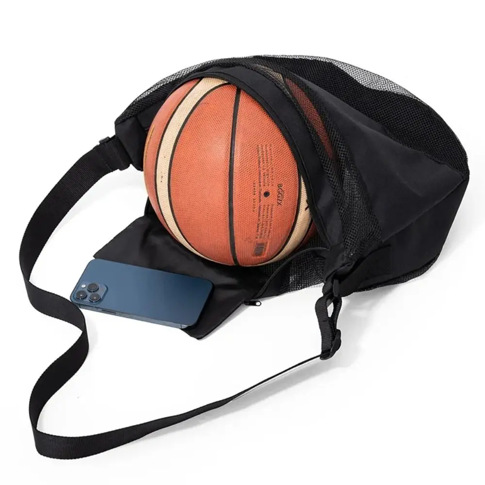 Borsa da basket multifunzionale in rete Borsa da palla singola regolabile traspirante Portatile con tasca con cerniera Borsa a tracolla per palla sportiva