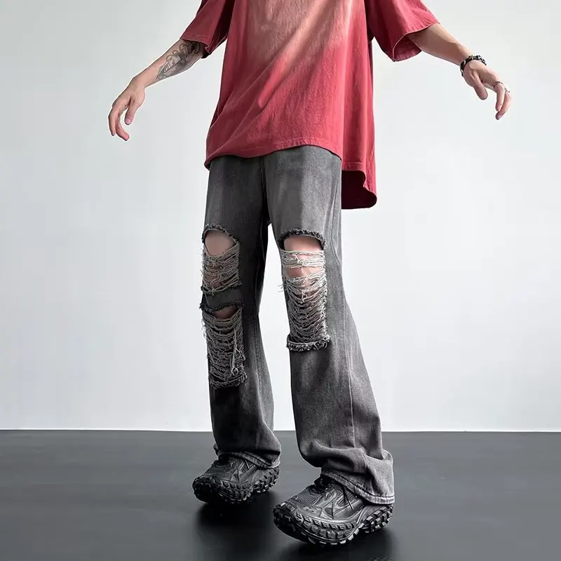 Jeans Männer Distressed Loch Unisex Gerade All-match Chic Sommer Lose Gewaschen Vintage High Street Amerikanischen Stil Denim Mode