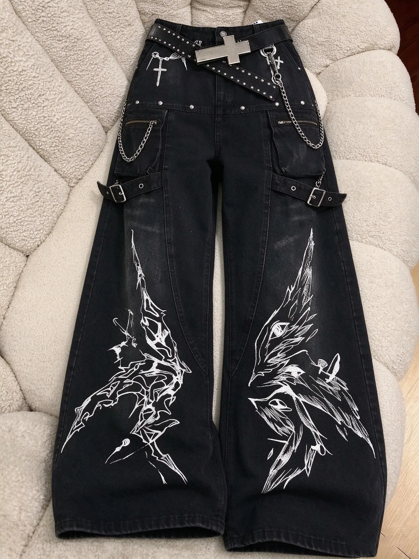 Unisex Jeans 2026 New Women Gothic Print Jeans Vintage Washed Deconstructed Wide Leg Trousers Clean Fit Unique Denim Pants