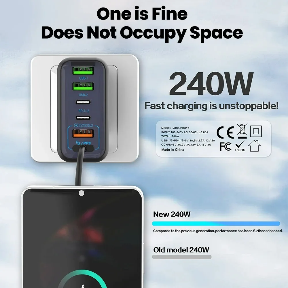 Type C 240W USB Fast Charging Charger High Speed Charge For Samsung Huawei Xiaomi 17 Phone 6 In 1 Portable Travel Power Adapter