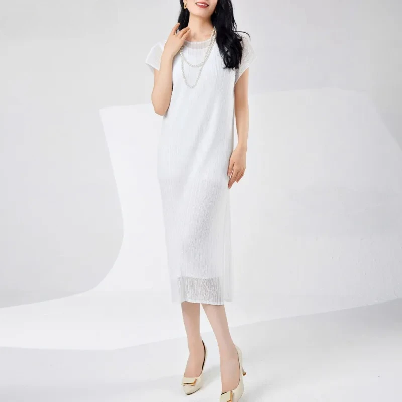 

ALSEY Miyake Round Neck Short Sleeve Solid Dress 2025 Summer New Wave Fashion Casual Double Layer Design Loose Women's Dresses