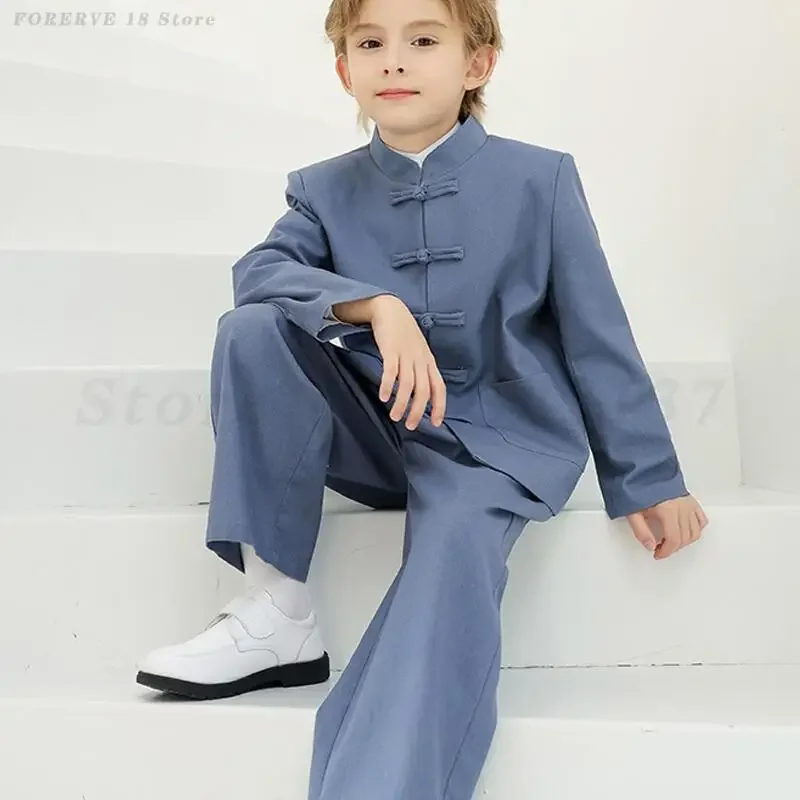 

Традиционная восточная одежда Тан для мальчиков, новый комплект ханьфу в китайском стиле, детский костюм Чжуншань в стиле ретро, куртка с длинными рукавами, пальто