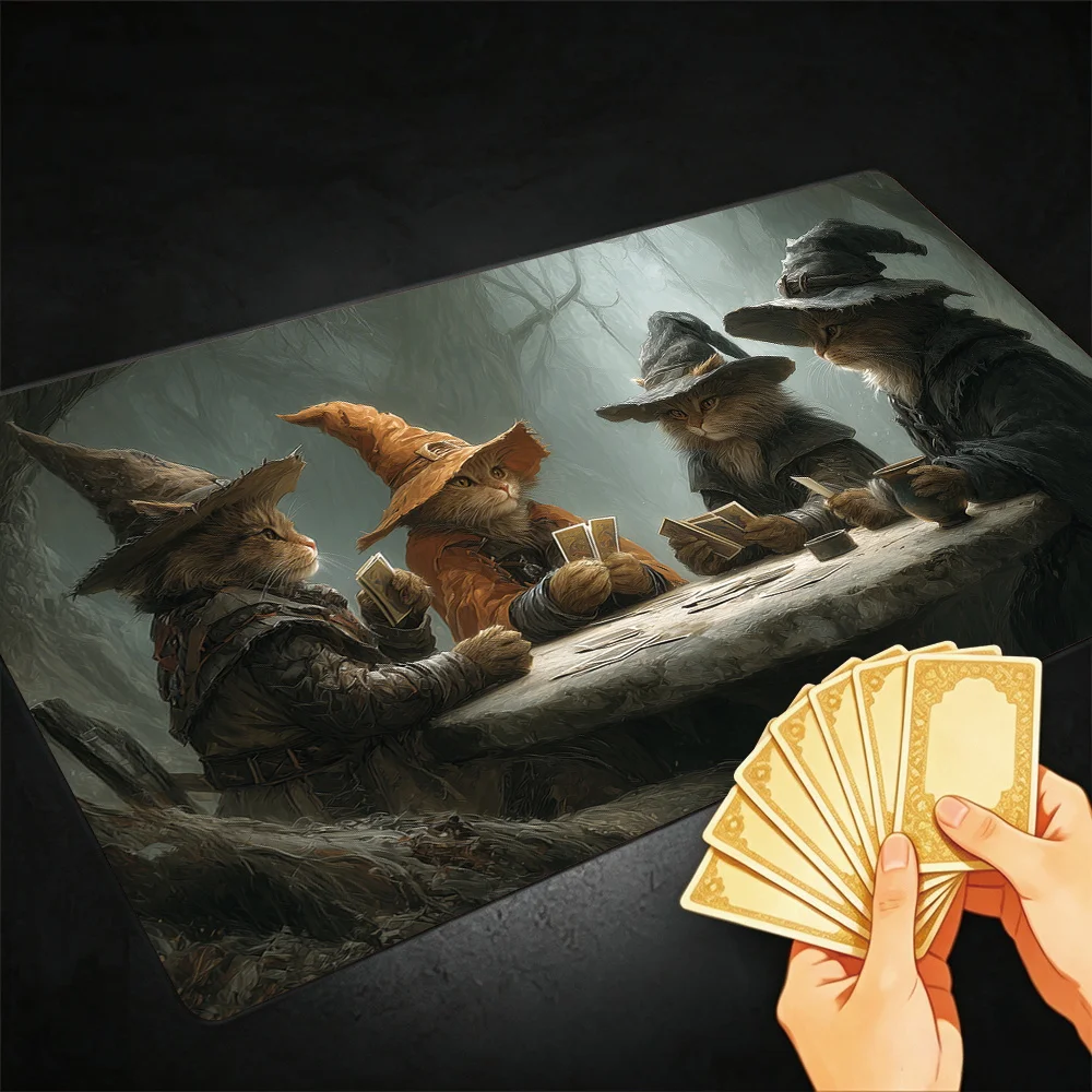 Wizard Cat Gathering TCG Playmat Magic Playmat Gathering Gaming Mat with Stitched Edge Anti-slip base 60X35cm Trading Card Game
