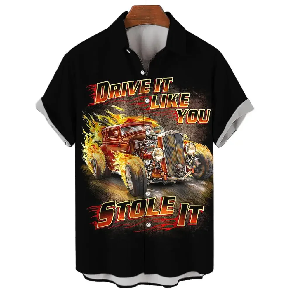 2023 New Retro Classic Car Fashionable and Handsome Printed Short-Sleeved Men\'s Shirt Casual and Comfortable Lapel Cardigan Top