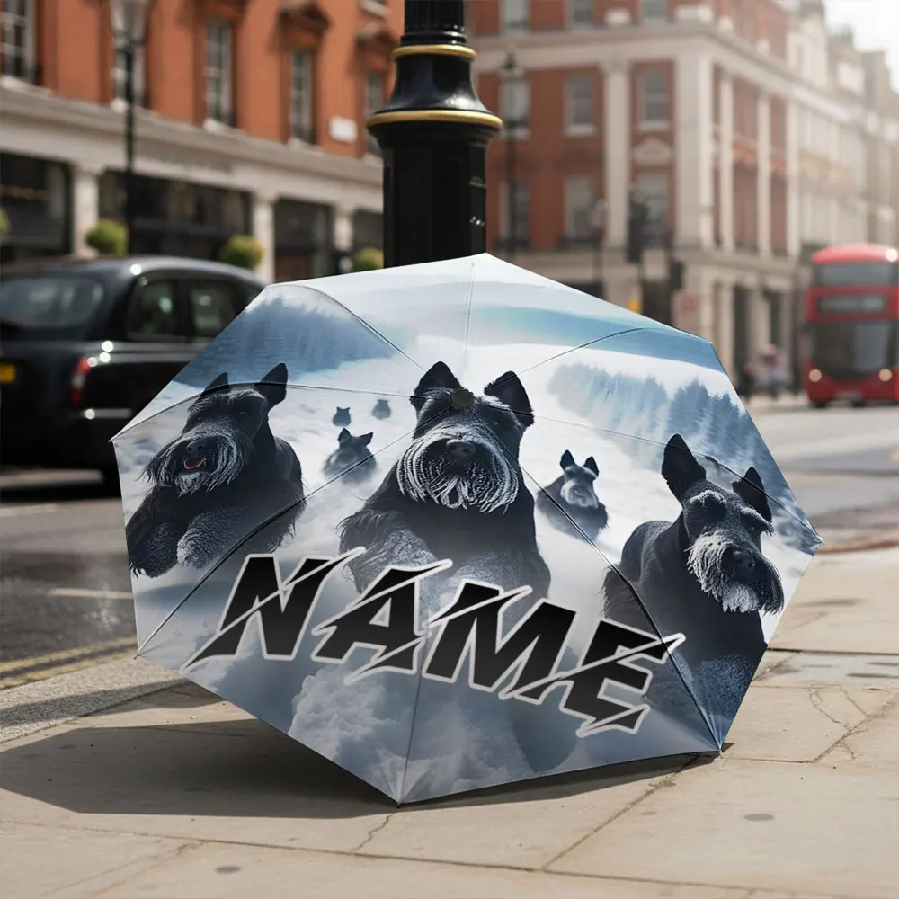 Custom Name Umbrella Group Of Schnauzer Dogs Running In Snowy Mountain Print Compact Folding Travel Parasol Pet Holiday gift