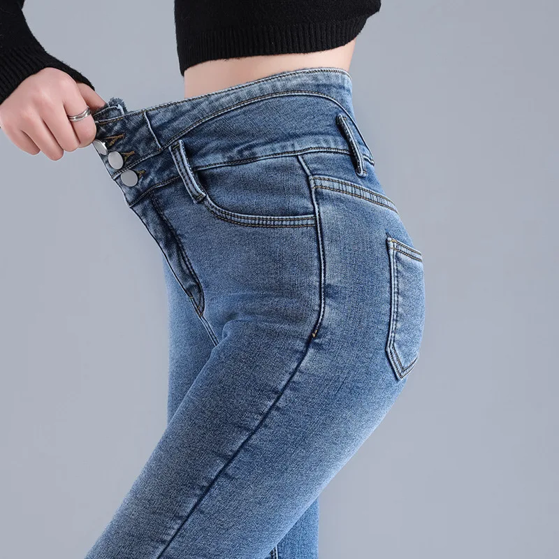 Women Thermal Jeans Winter Snow Warm Plush Stretch High Waist Jeans Lady Skinny Thicken Denim Retro Blue Pants Mom Sexy Trousers