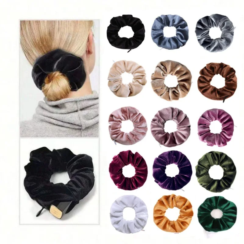 

Velvet Scrunchies With Pocket Zipper Hair Ties for Women Hidden Hair Scrunchie Ponytail Holder Elastic Bands Gift for Friend
