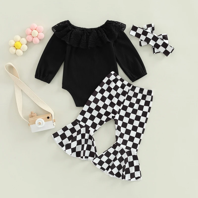 RWYBEYW Infant Baby Girl Clothes Rib Lace Frill Long Sleeve Romper Checkerboard Flared Pants Headband Set Fall Winter Outfits