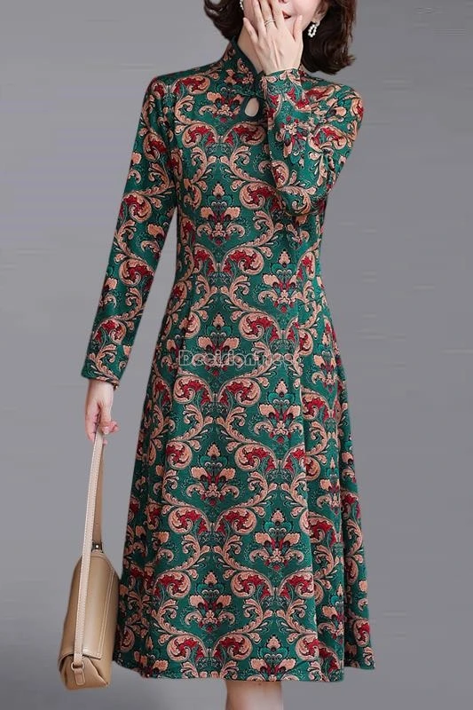 

2025 new autumn chinese retro casual flower printed style cheongsam dress women elegant stand collar long sleeve slimming qipao