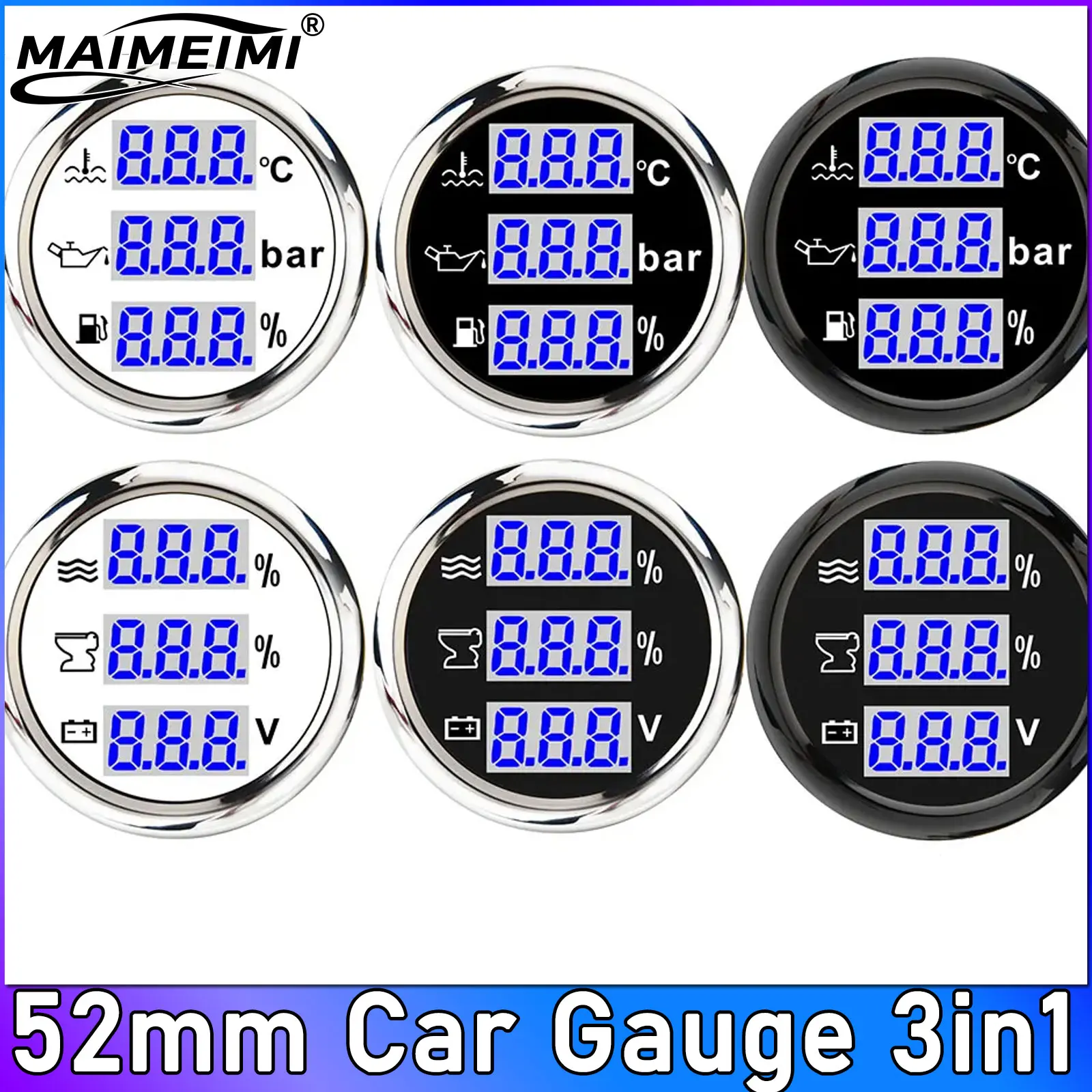 

52mm (2 Inch) Car Modification Water Temp Gauge 3 in 1 Oil Pressure Voltage Water Level Holding Tank Gauge Blue Backlight