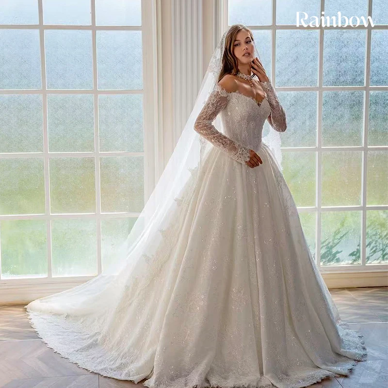 

Romantic Wedding Dress Organza With Embroidery Bead A-Line Floor Length Ball Gown Full Sleeve V-Neck Customized Vestido De Novia