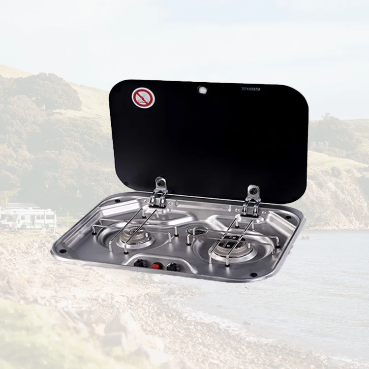 

Intelligent Library RV Special Gas Stove Stainless Steel Double Burner Stove Camping Car Portable Cover Windproof Energy Saving