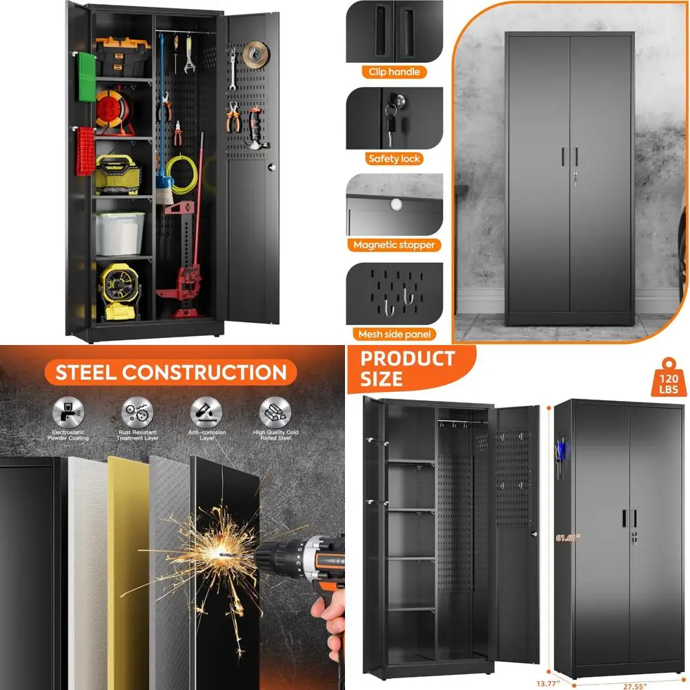 

Металлический гаражный шкаф для хранения вещей с 5 перфораторами, подвесным стержнем, 13 крючками, дверцами и 4 полками