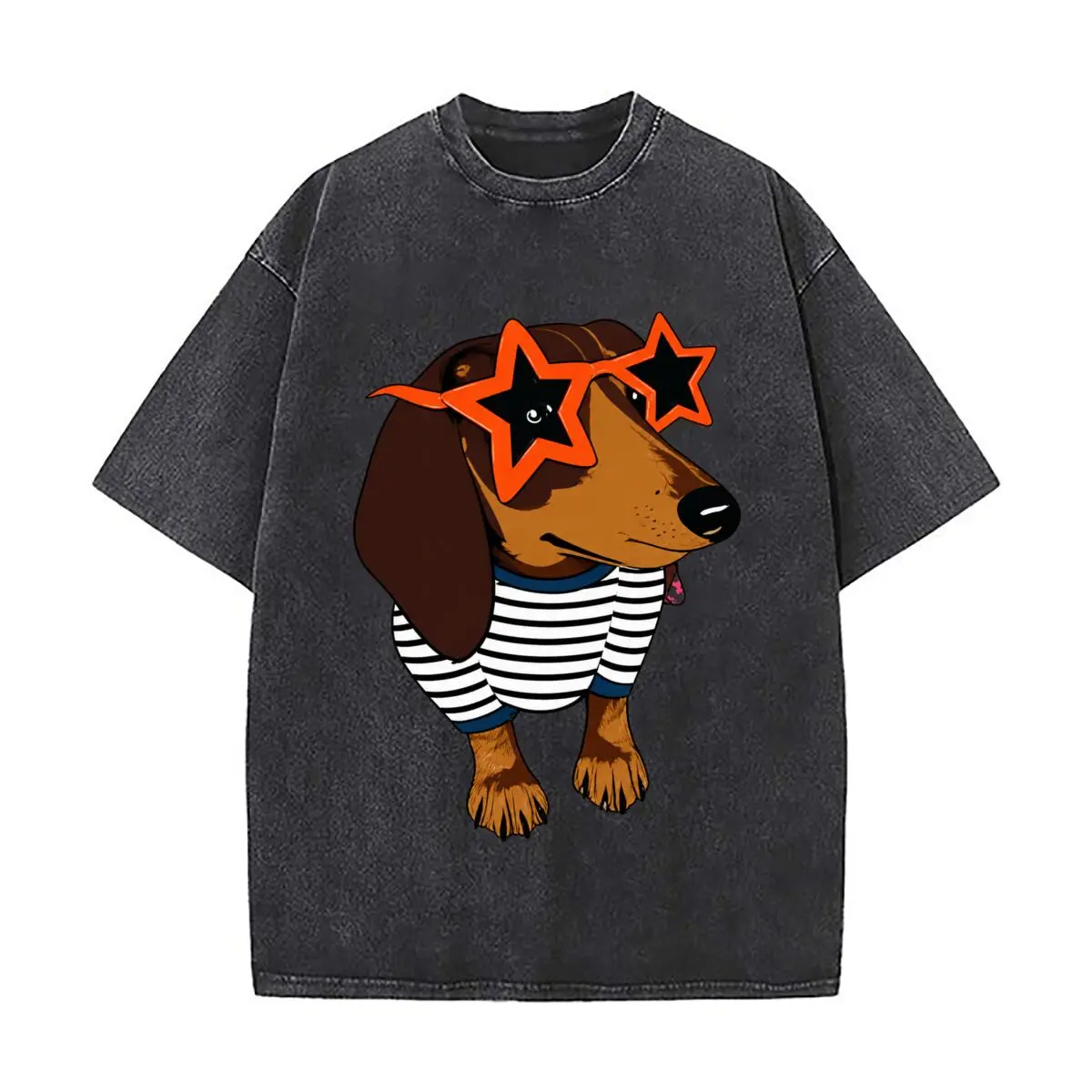 Funny Dachshund Dog Red Star Sunglasses Striped Character Washed Vintage Short Sleeve Loose Streetwear Tee