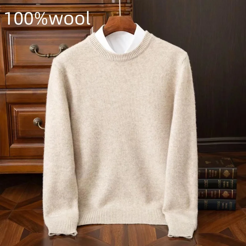 

Men's Round Neck 100% Wool Business Casual Sweater AutumnWinter New Long Sleeved Solid Color Pullover Knitted Basic Jumper Top