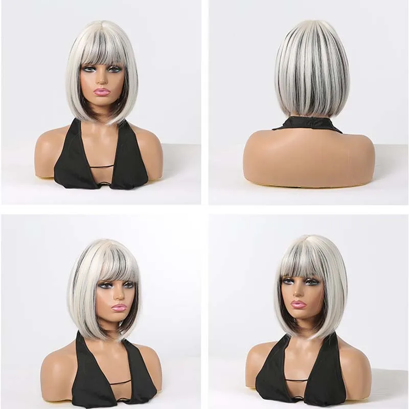 Short Straight Bob Synthetic Hair White Mixed Black Wig With Bangs For Women Daily Wear Cosplay Wig