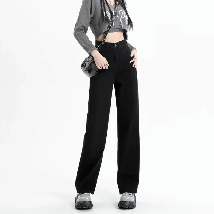 جديد أسود فضفاض الجينز الشارع الشهير خمر النساء عالية الخصر فضفاض الجينز النساء السراويل زر النساء السراويل مستقيم واسعة الساق الجينز