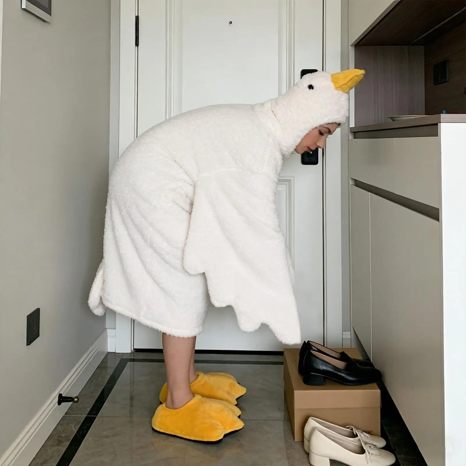 Coral Fleece Hooded Robe Big Goose Nightgown Funny Goose Couple Cute Cartoon Sleepwear Cosplay Duck Home Clothes image 5
