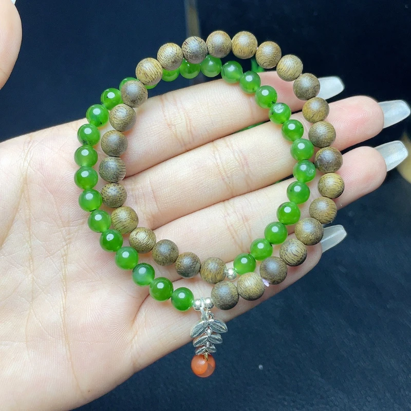 Natural Hetian jasper splicing agarwood double circle bracelet, simple niche original design girlfriend same bracelet