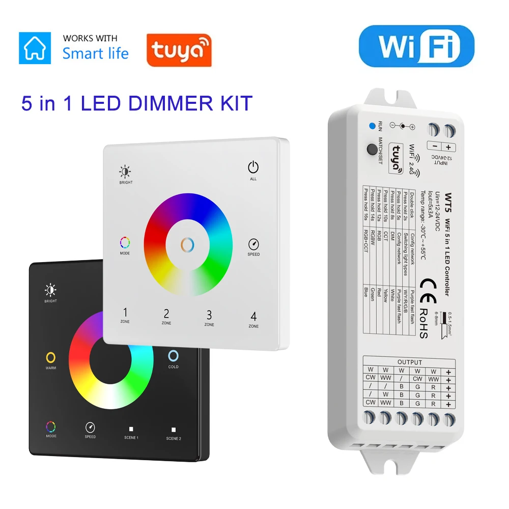 TUYA WiFi 5 w 1 zestaw kontroler LED RF 2.4G szklana ściana Panel dotykowy RGBCCT LED inteligentne sterowanie ściemnianiem DC 12V 24V ściemniacz