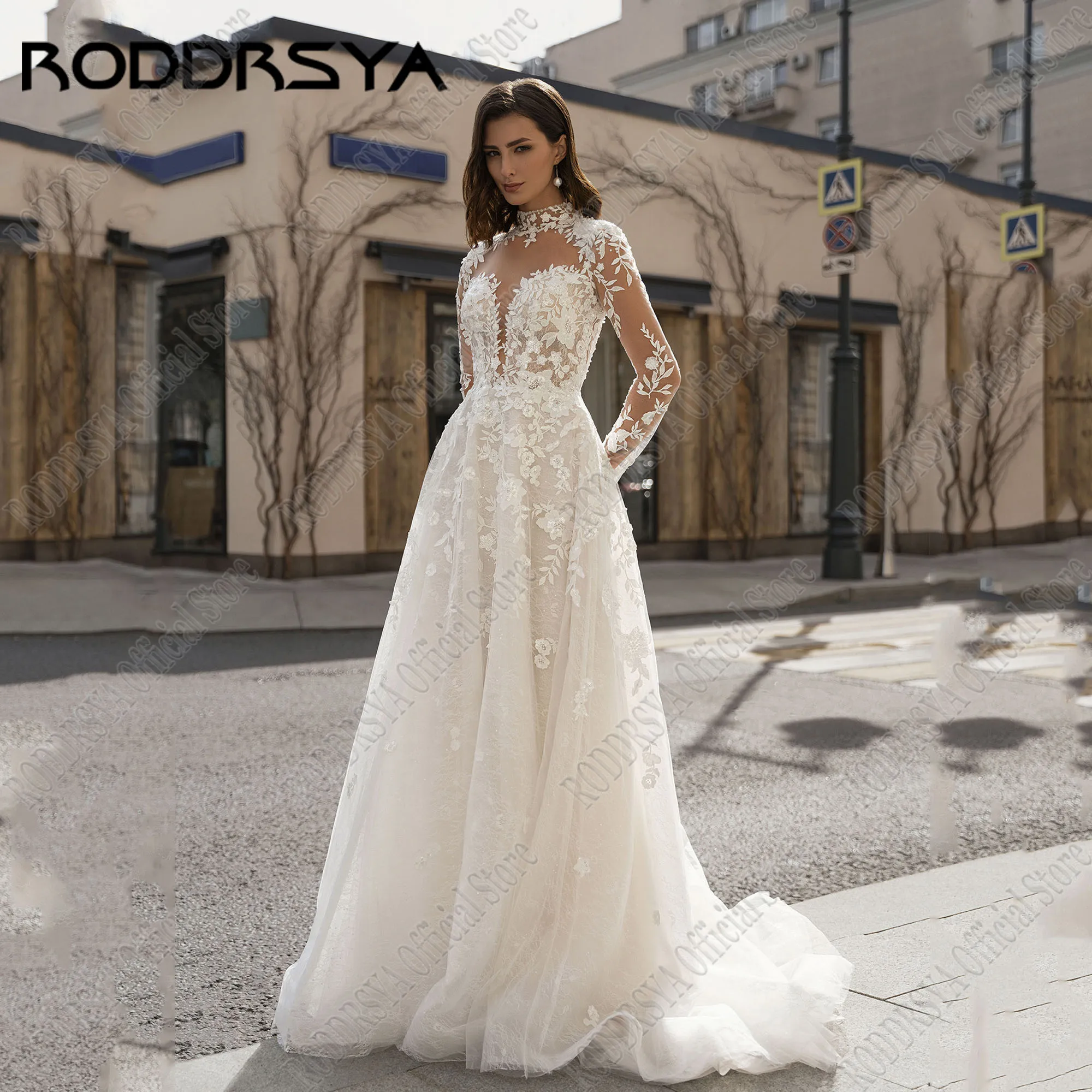 

RODDRSYA Customized Lace High Neck Wedding Gowns Long Sleeves Applique Backless Robe De Mariee Boho Wedding Dress 2025 Bride