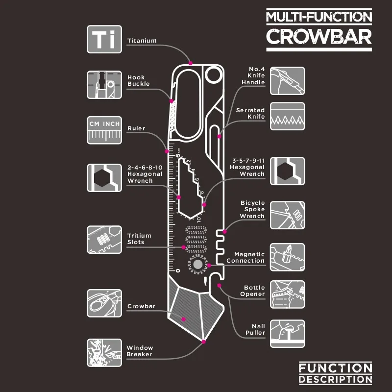 في الهواء الطلق المحمولة EDC متعددة الوظائف سبائك التيتانيوم قضيب رفع منشار صغير التخييم بقاء سداسية وجع المفاتيح أداة