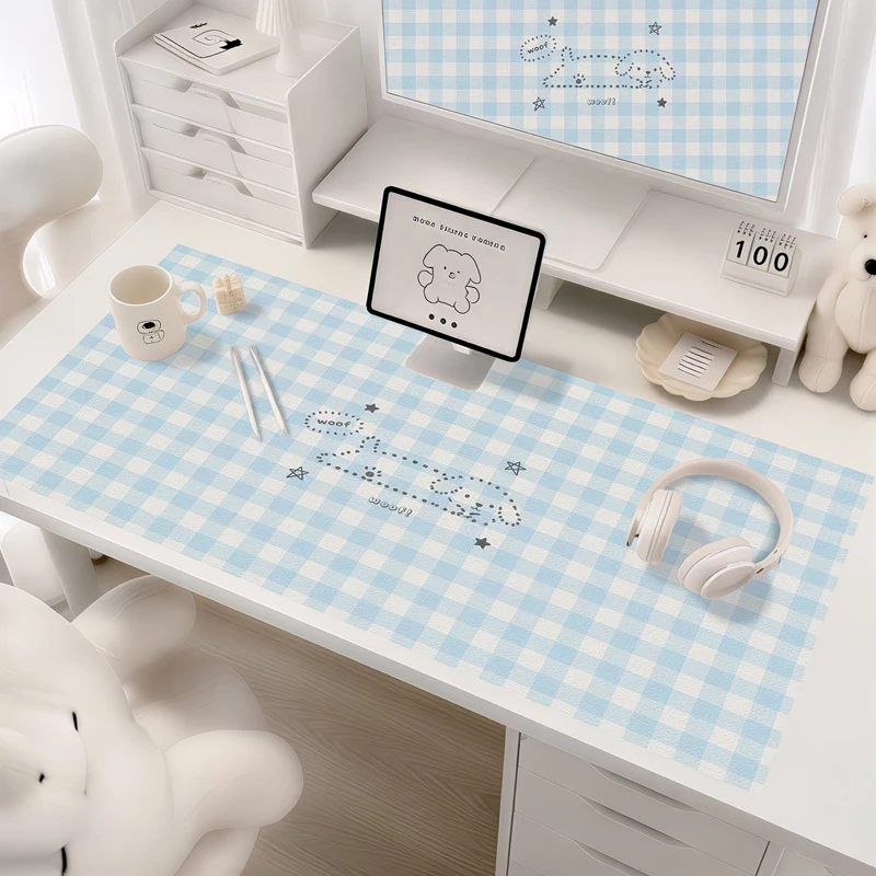 PU Leather Mouse Pad Blue Grid Stripe Puppy Mouse Pad Blue Polka Dot Cat Office Desk Mat Waterproof Non-Slip PU Desk Blotter Pad