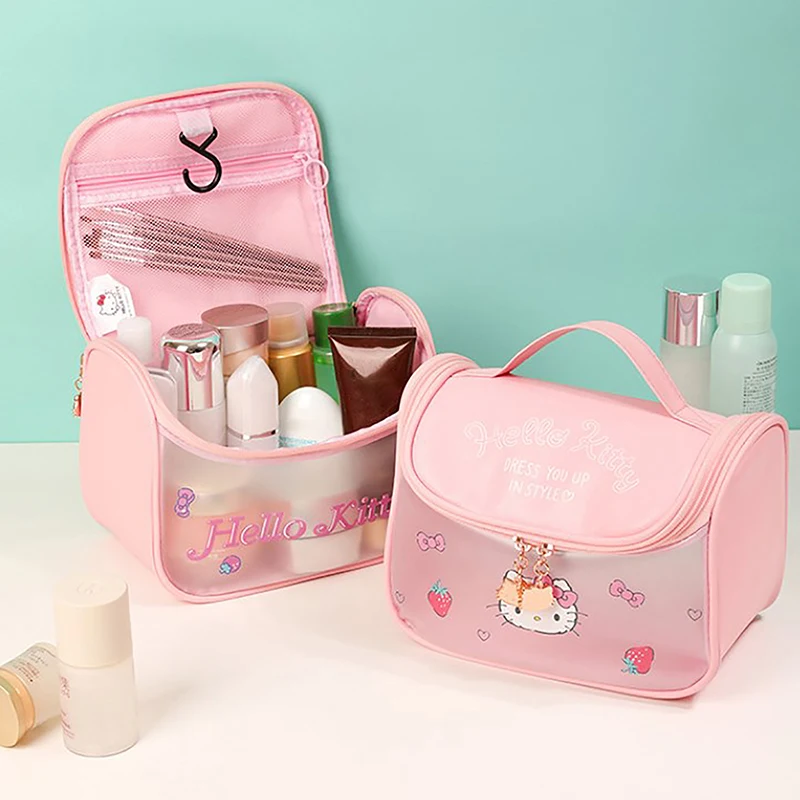 Cute Hello Kitty PVC Makeup Bag for Women Portable Large Capacity Kawaii Cosmetic Bag Fashion Luxury Brand Waterproof