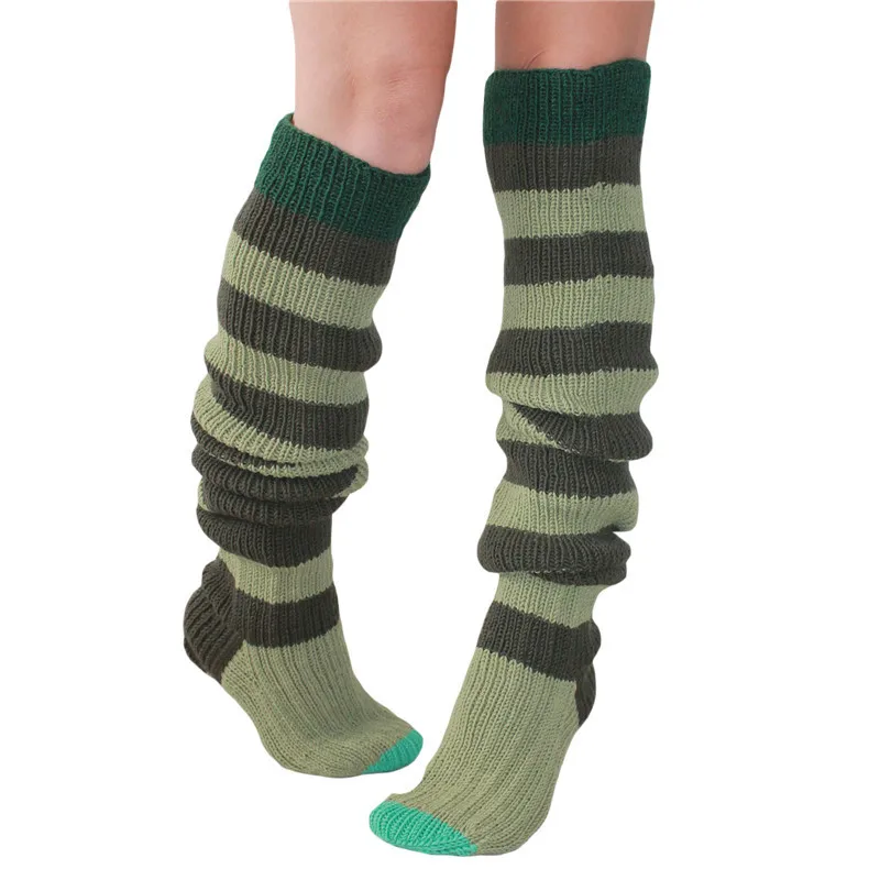 Ladies Knitted Stockings Adults Women Autumn Winter Leisure Style Mixed Color Stripes Knee-high Socks Long Stockings