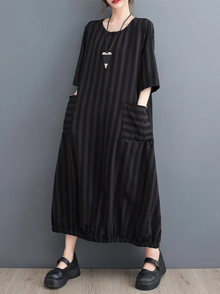 Red Vintage Striped Dresses For Women Summer New Short Sleeve Pocket Loose Casual Midi Dress Robe Fashion Elegant Clothes 2024