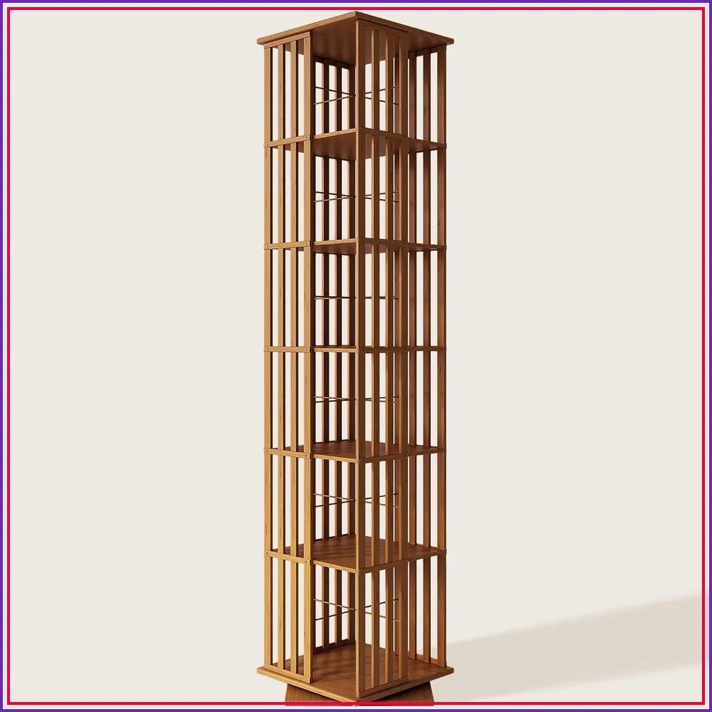 360° Rotating Bamboo CD/DVD Shelf - 6-Tier Space-Saving Media Storage Cabinet for Movies, Walnut