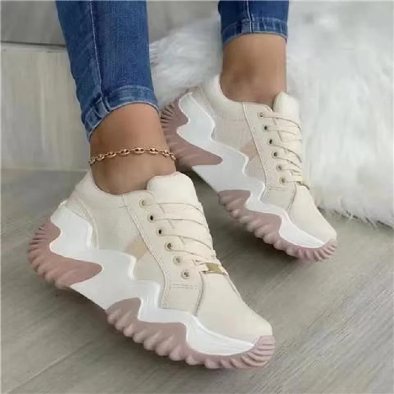 

2023 New Thick Sole Cake Heel Canvas Shoes Sports Shoes Women's Shoes Lace Up Breathable Casual Large Women's Shoes