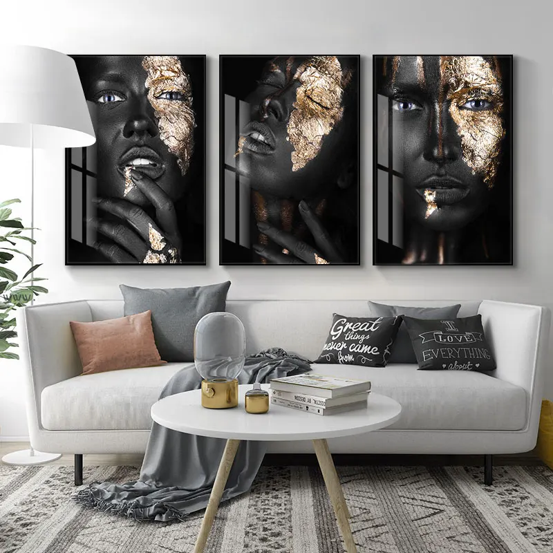 

Gold Fashion Sexy Black Dark Skinned Woman Portrait Canvas Painting Posters and Prints Cuadros Wall Art Picture for living Room