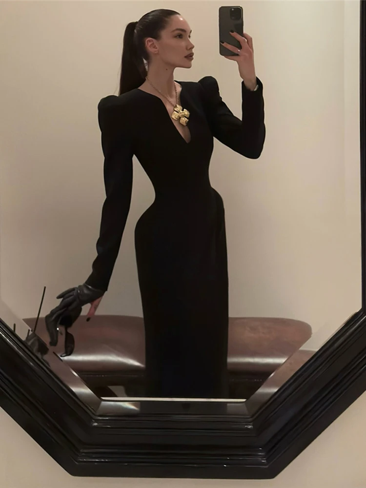 Whatiwear Automne Nouvelle Tendance Robe Femme Bureau Style Col V Plein Manches Skinny Haute Stretch Quotidien Casaul Mode Longue Moulante