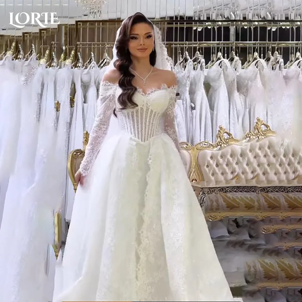 

LORIE Sexy Satin Strapless Wedding Dresses Bow Appliques Sweetheart A-Line Lace Customized Pearls Bridal Gown vestidos de novia