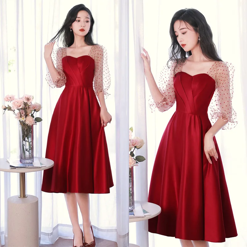 

It's Yiiya Strapless Half Sleeves Simple Ruched Tea-Length A-Line Lace Up Satin Burgundy Formal Dress Dress Woman Party A2830