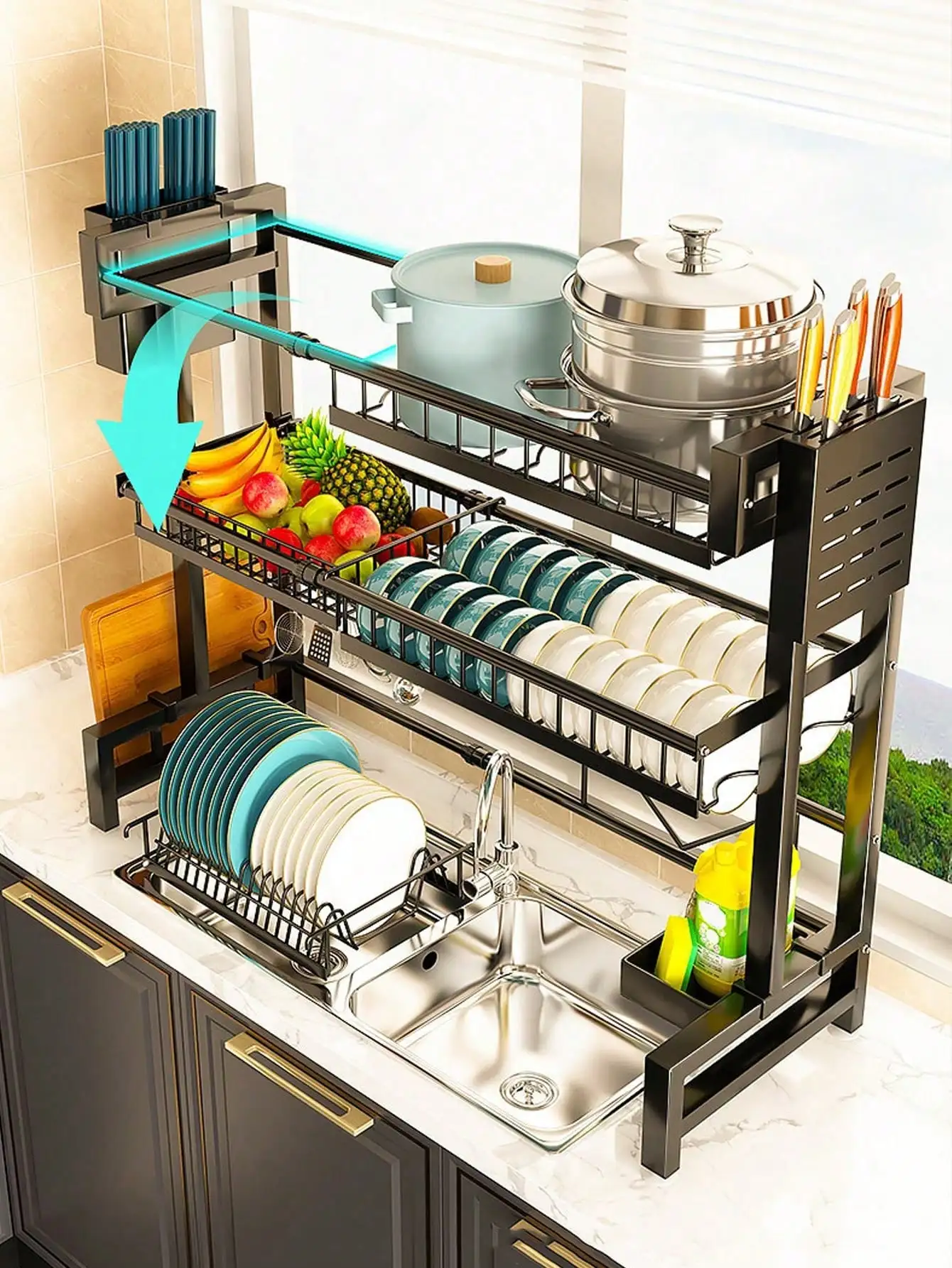 1pc 31.89in(81cm) Height. Double Layer Over Sink Dish Drying Rack Adjustable Snap-On Design 2 Tier Large Kitchen