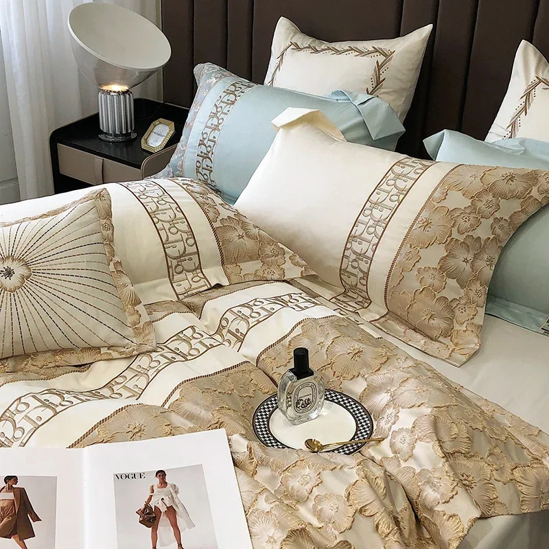 High-end 3D Jacquard Bedding Sets Luxury Egyptian Cotton Golden Embroidery Duvet Cover Bed Sheet Pillowcases King Queen Size