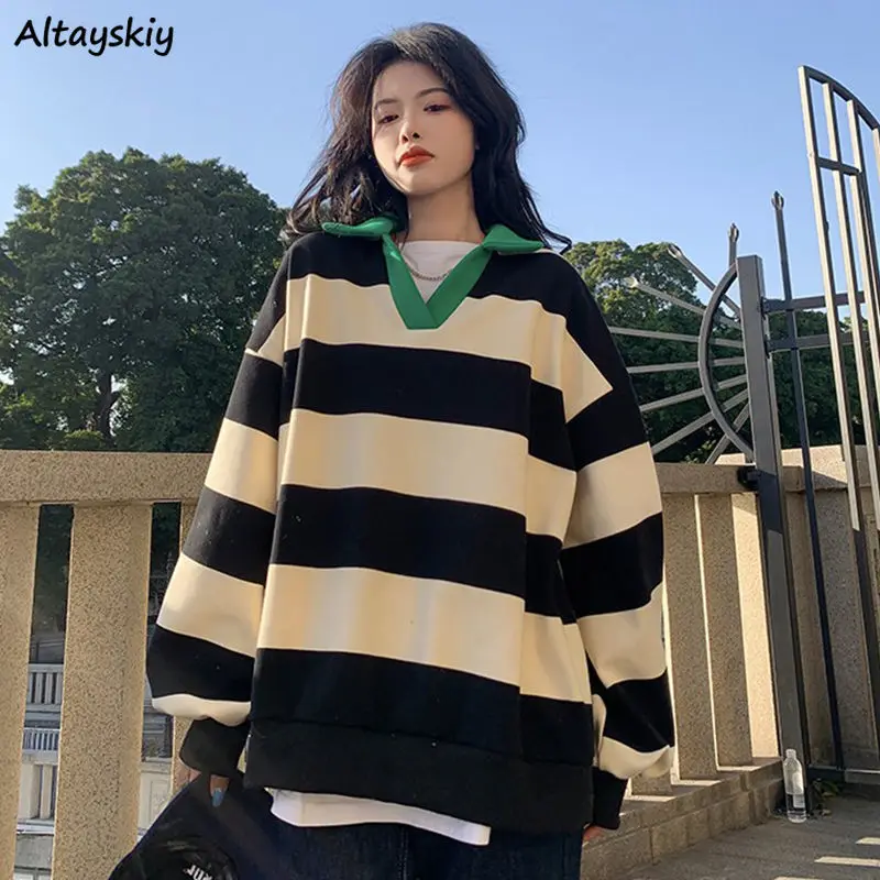 Sweatshirts Women Retro Patchwork Striped Ins Leisure Harajuku Spring New Arrival Cozy Simple Ropa Mujer Chic Streetwear Loose