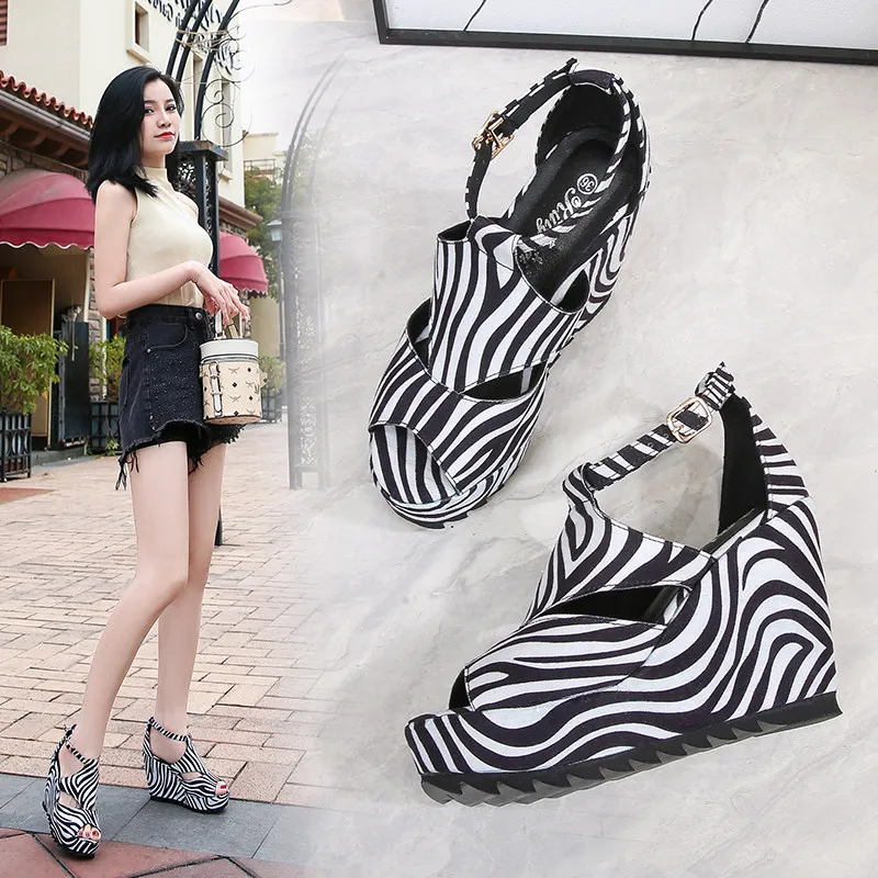 

Fashion Zebra Shoes 10cm Heel Ultra Tall Women's Outdoor Sandals Wedge Heel Thick Sole Small Large Size Summer Casual 15cm