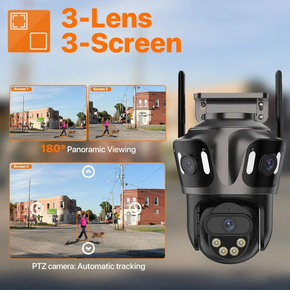 Three Lens Outdoor 4K HD WIFI IP Camera Three Screen PTZ Camera Ai Human Detection IP66 Waterproof CCTV Video Surveillance iCsee